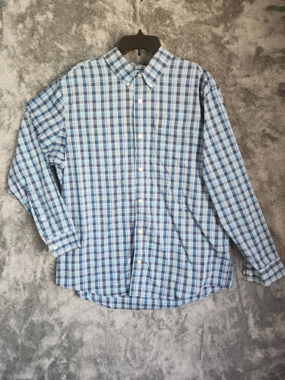 Duluth Mens Shirt Large Button Down Plaid Blue Relaxed Fit CoolMax Office EUC